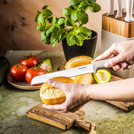 Комплект ножове Klausberg KB 7984, 8 части, Неръждаема стомана, Точило, Стойка от акациево дърво, Бежов/дървесен