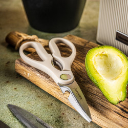 Комплект ножове Klausberg KB 7984, 8 части, Неръждаема стомана, Точило, Стойка от акациево дърво, Бежов/дървесен