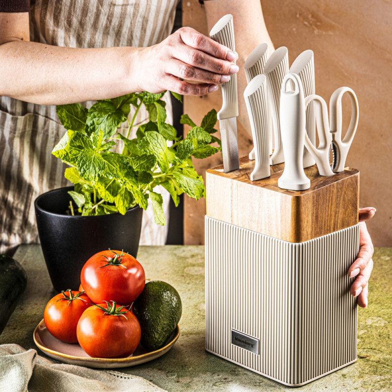 Комплект ножове Klausberg KB 7984, 8 части, Неръждаема стомана, Точило, Стойка от акациево дърво, Бежов/дървесен