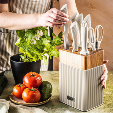 Комплект ножове Klausberg KB 7984, 8 части, Неръждаема стомана, Точило, Стойка от акациево дърво, Бежов/дървесен