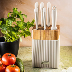 Комплект ножове Klausberg KB 7984, 8 части, Неръждаема стомана, Точило, Стойка от акациево дърво, Бежов/дървесен