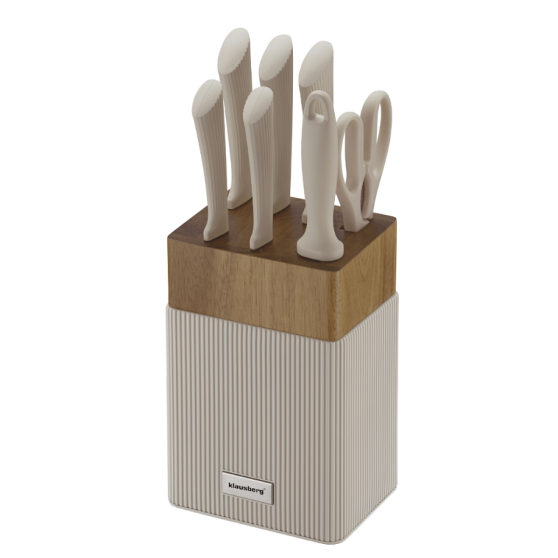 Комплект ножове Klausberg KB 7984, 8 части, Неръждаема стомана, Точило, Стойка от акациево дърво, Бежов/дървесен