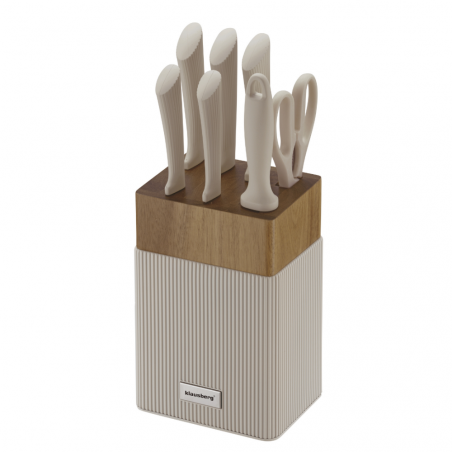 Комплект ножове Klausberg KB 7984, 8 части, Неръждаема стомана, Точило, Стойка от акациево дърво, Бежов/дървесен