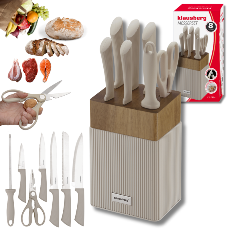 Комплект ножове Klausberg KB 7984, 8 части, Неръждаема стомана, Точило, Стойка от акациево дърво, Бежов/дървесен