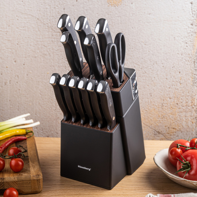 Комплект ножове Klausberg KB 7985, 13 части, Неръждаема стомана, Стойка+точило, Черен