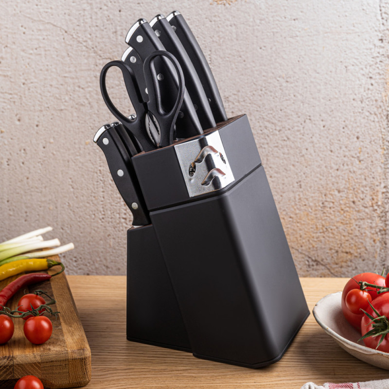 Комплект ножове Klausberg KB 7985, 13 части, Неръждаема стомана, Стойка+точило, Черен
