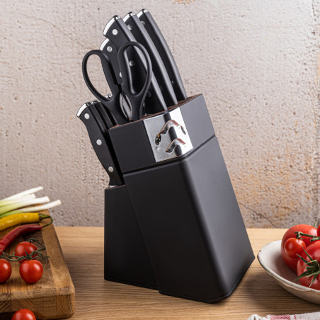 Комплект ножове Klausberg KB 7985, 13 части, Неръждаема стомана, Стойка+точило, Черен