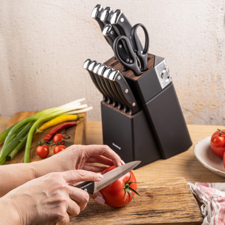 Комплект ножове Klausberg KB 7985, 13 части, Неръждаема стомана, Стойка+точило, Черен