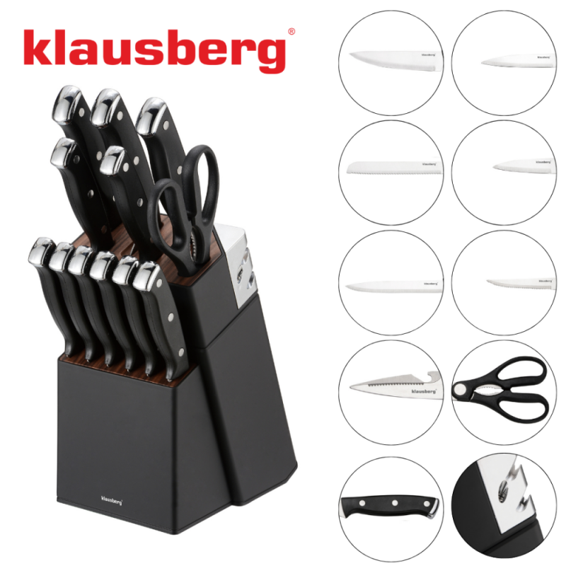 Комплект ножове Klausberg KB 7985, 13 части, Неръждаема стомана, Стойка+точило, Черен