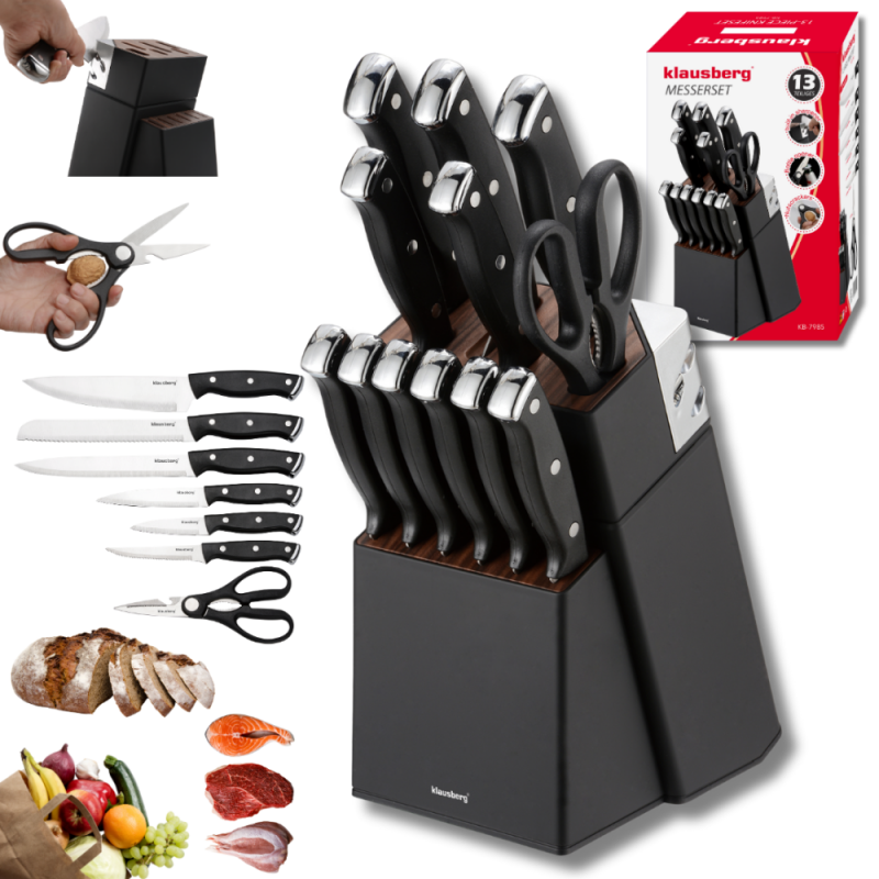 Комплект ножове Klausberg KB 7985, 13 части, Неръждаема стомана, Стойка+точило, Черен