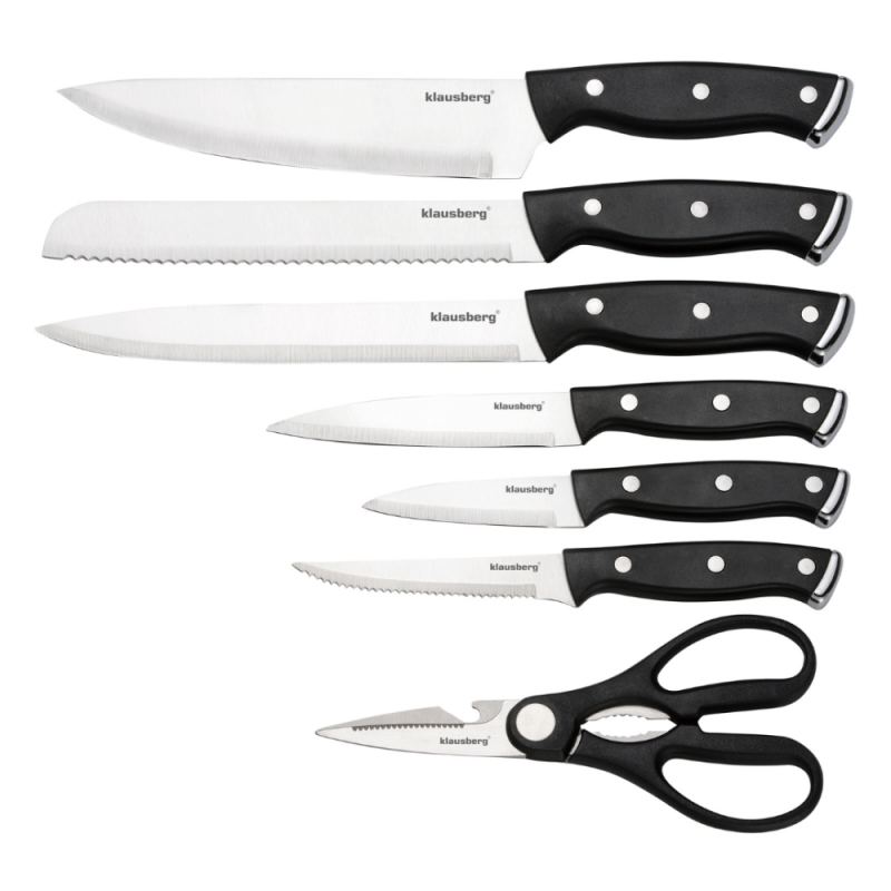 Комплект ножове Klausberg KB 7985, 13 части, Неръждаема стомана, Стойка+точило, Черен