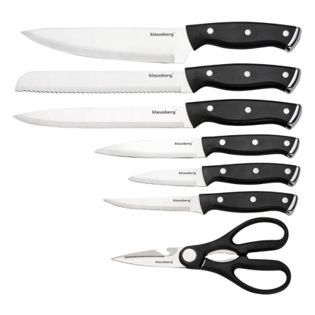 Комплект ножове Klausberg KB 7985, 13 части, Неръждаема стомана, Стойка+точило, Черен