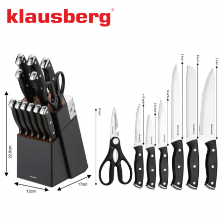 Комплект ножове Klausberg KB 7985, 13 части, Неръждаема стомана, Стойка+точило, Черен