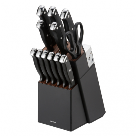Комплект ножове Klausberg KB 7985, 13 части, Неръждаема стомана, Стойка+точило, Черен