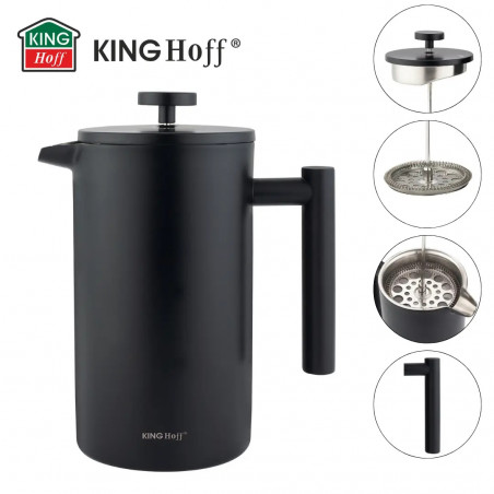 Френска преса за кафе/чай Kinghoff KH 1996, 1 л, Неръждаема стомана, Двойни стени, Черен