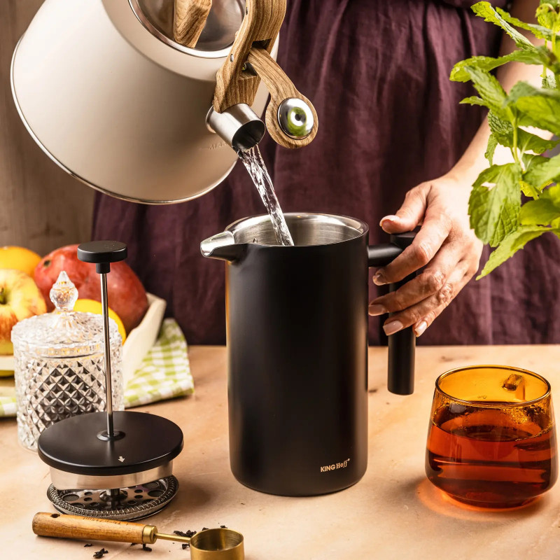 Френска преса за кафе/чай Kinghoff KH 1996, 1 л, Неръждаема стомана, Двойни стени, Черен