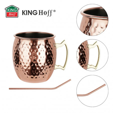 Комплект чаши за Moscow Mule Kinghoff KH 2000, 2 бр, 500мл, 2 сламки, Неръждаема стомана, Меден цвят