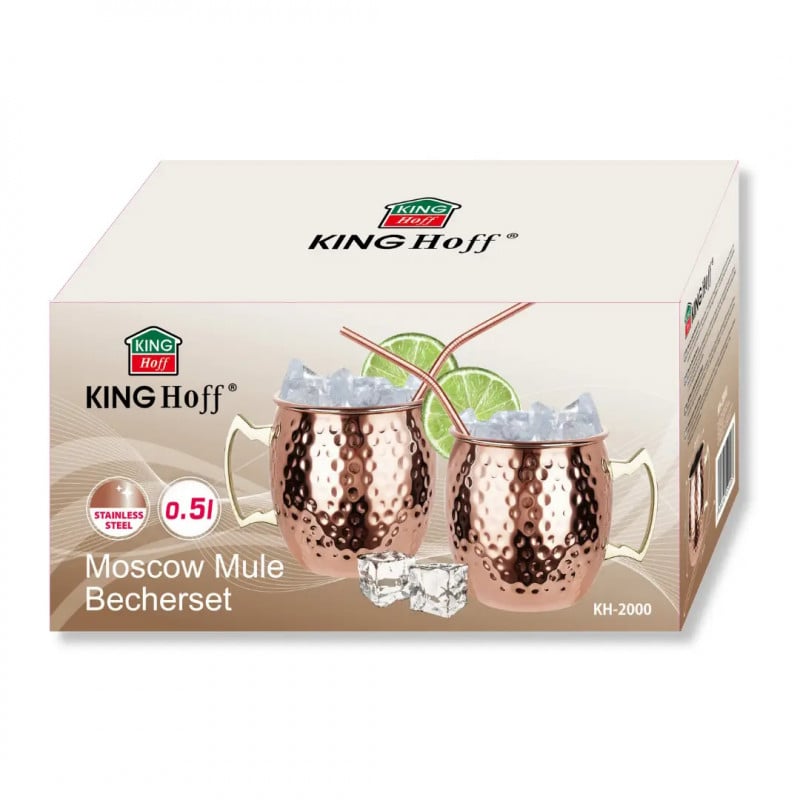 Комплект чаши за Moscow Mule Kinghoff KH 2000, 2 бр, 500мл, 2 сламки, Неръждаема стомана, Меден цвят