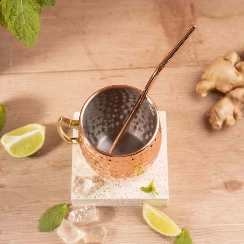 Комплект чаши за Moscow Mule Kinghoff KH 2000, 2 бр, 500мл, 2 сламки, Неръждаема стомана, Меден цвят