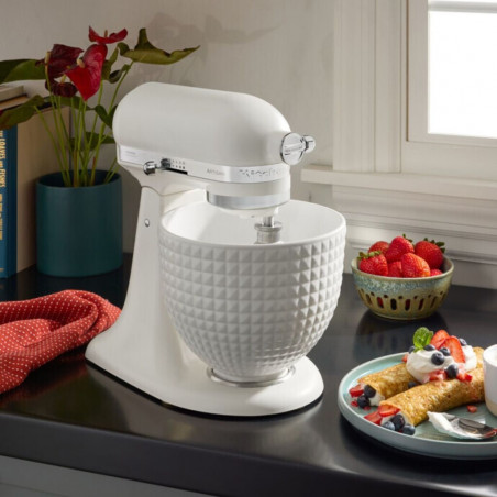 Планетарен миксер KitchenAid Artisan Monochrome White 5KSM156CXEPL, 300W, 4.7 л, Direct drive, 10 скорости, Накланяща се глава, Керамична купа, Порцеланово бял