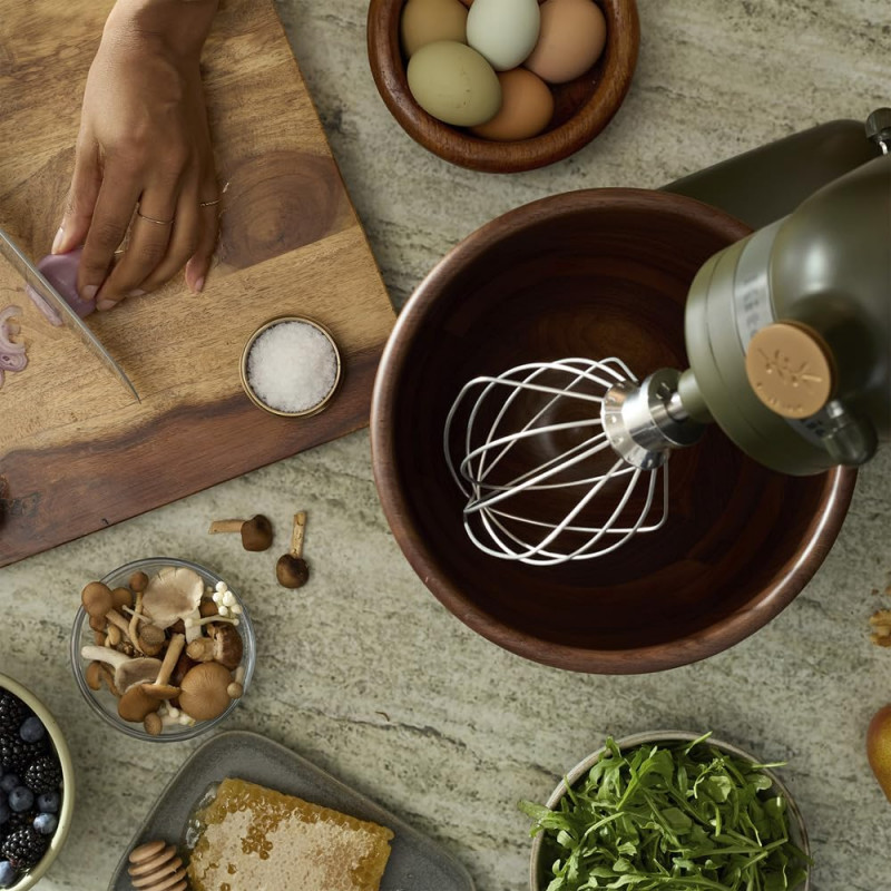 Планетарен миксер KitchenAid Artisan Evergreen 5KSM180WSEEG, 300W, 4.7 л, Direct drive, 10 скорости, Накланяща се глава, Купа от орехово дърво, Тъмнозелен/кафяв