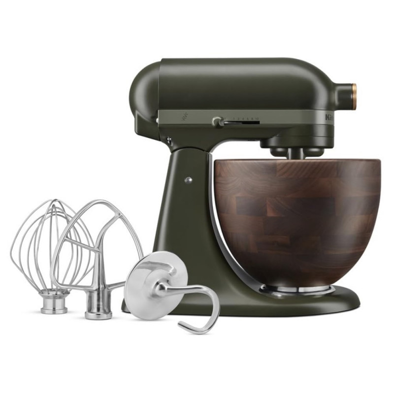 Планетарен миксер KitchenAid Artisan Evergreen 5KSM180WSEEG, 300W, 4.7 л, Direct drive, 10 скорости, Накланяща се глава, Купа от орехово дърво, Тъмнозелен/кафяв