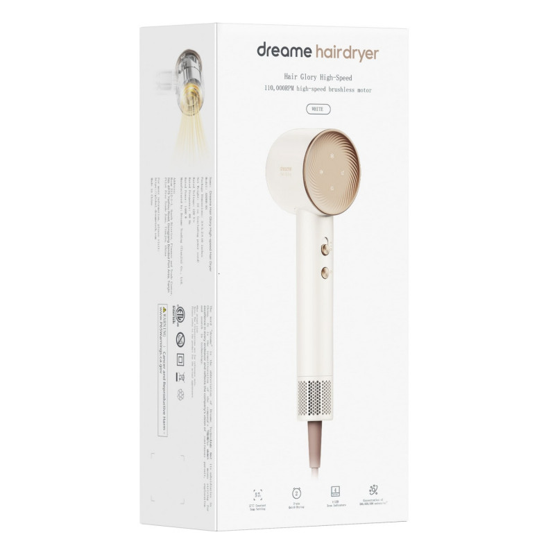 Сешоар Dreame Glory, 1400W, 110000 об/мин, 4 темп, 2 скорости, 57°C, Йонизация, NTC термосензор, LED индикатори, Бял