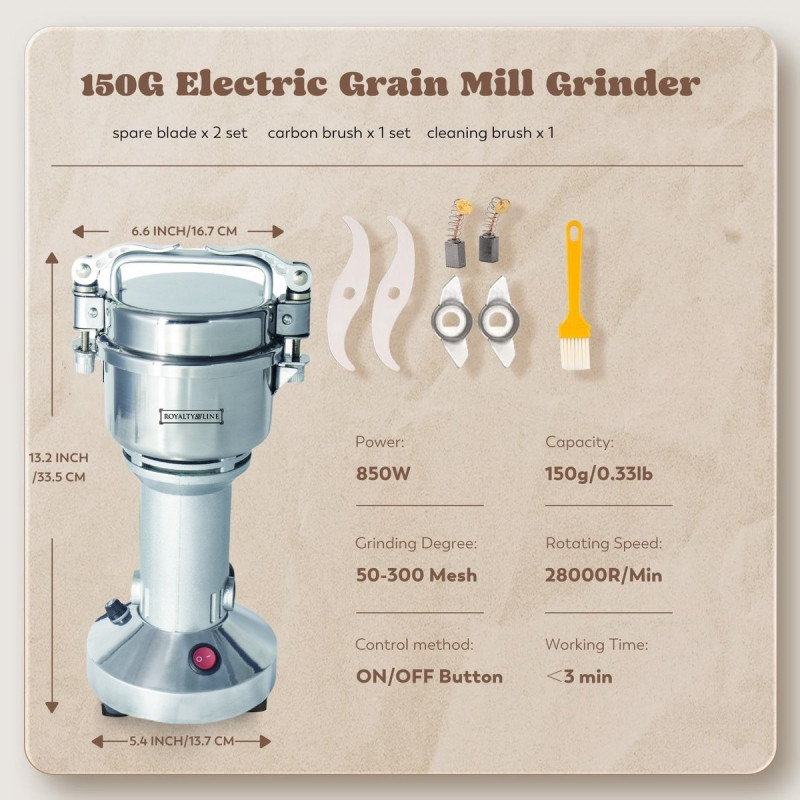 Електрическа мелница за зърно и подправки Royalty Line RL-FG21801, 850W, 150 гр, 28000 об/мин, Таймер, Инокс