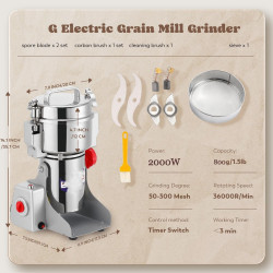Електрическа мелница за зърно и подправки Royalty Line RL-FG21803, 2000W, 800 гр, 36000 об/мин, Таймер, Инокс