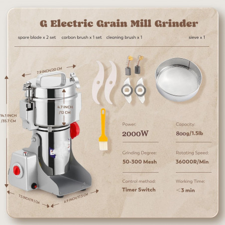 Електрическа мелница за зърно и подправки Royalty Line RL-FG21803, 2000W, 800 гр, 36000 об/мин, Таймер, Инокс
