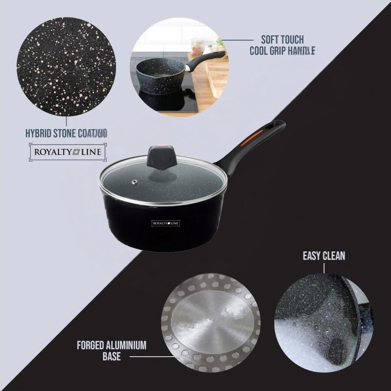 Касерола с капак Royalty Line RL-FSN20, 20 см, 2.1 л, Гранитно покритие, Индукция, Черен
