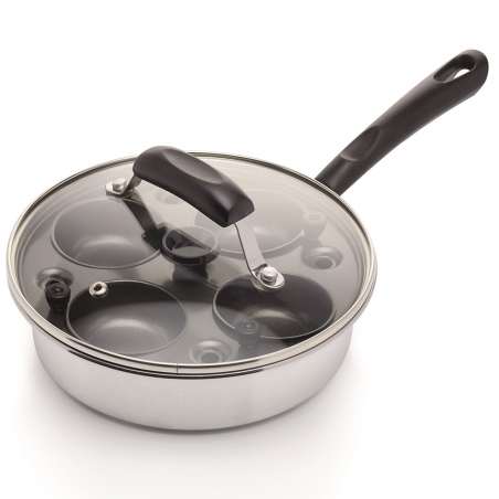 Тиган за яйца бенедикт KitchenCraft KCPOACH4, 21 см, 5 л, Капак, 4 сваляеми форми, Функция дълбок тиган, Индукция, Инокс/сребрист