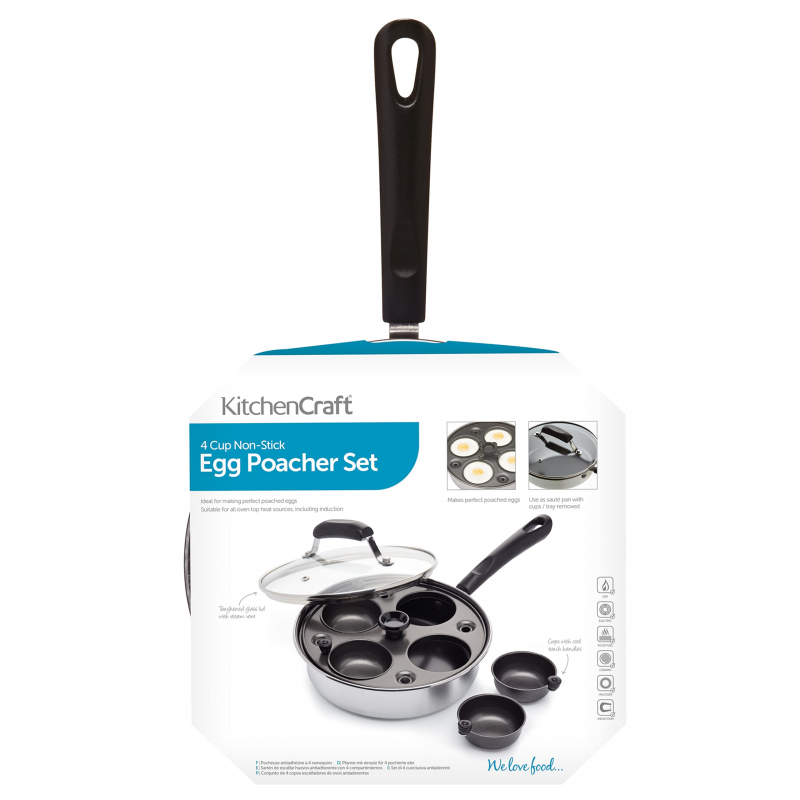 Тиган за яйца бенедикт KitchenCraft KCPOACH4, 21 см, 5 л, Капак, 4 сваляеми форми, Функция дълбок тиган, Индукция, Инокс/сребрист