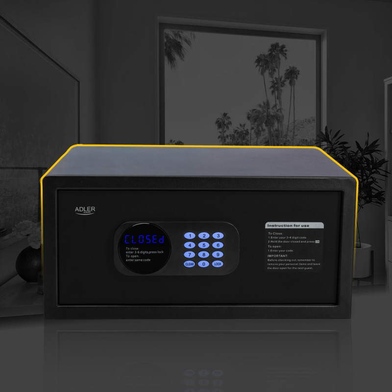 Електронен сейф Adler AD 1045, 200x420x370 мм, 14 л, Блокиране след 4 грешни опита, Предупреждение за изтощена батерия, Черен