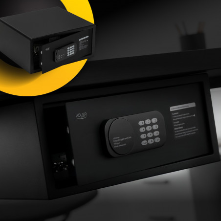 Електронен сейф Adler AD 1045, 200x420x370 мм, 14 л, Блокиране след 4 грешни опита, Предупреждение за изтощена батерия, Черен