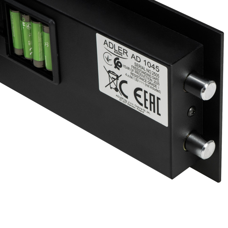 Електронен сейф Adler AD 1045, 200x420x370 мм, 14 л, Блокиране след 4 грешни опита, Предупреждение за изтощена батерия, Черен