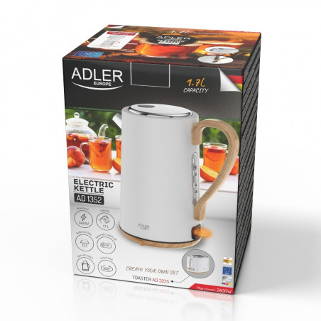 Електрическа кана Adler AD 1352, 2200W, 1.7 л, STRIX, Въртяща се основа, Автоматично изключване, Бял