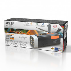 Аварийно радио Adler AD 1920, Соларен панел/Ръчно динамо/USB-C, 4500 mAh, Bluetooth, LED дисплей, Черен/Оранжев
