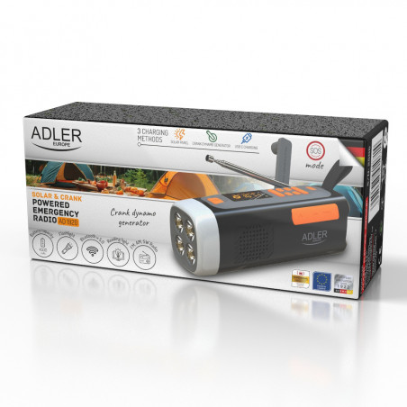 Аварийно радио Adler AD 1920, Соларен панел/Ръчно динамо/USB-C, 4500 mAh, Bluetooth, LED дисплей, Черен/Оранжев