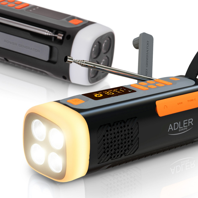 Аварийно радио Adler AD 1920, Соларен панел/Ръчно динамо/USB-C, 4500 mAh, Bluetooth, LED дисплей, Черен/Оранжев