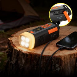 Аварийно радио Adler AD 1920, Соларен панел/Ръчно динамо/USB-C, 4500 mAh, Bluetooth, LED дисплей, Черен/Оранжев