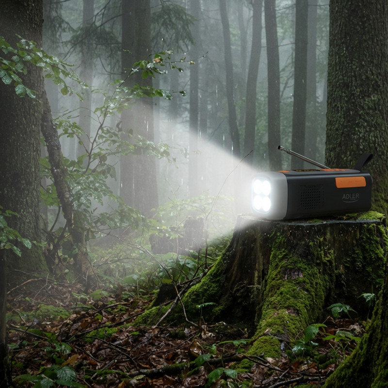 Аварийно радио Adler AD 1920, Соларен панел/Ръчно динамо/USB-C, 4500 mAh, Bluetooth, LED дисплей, Черен/Оранжев