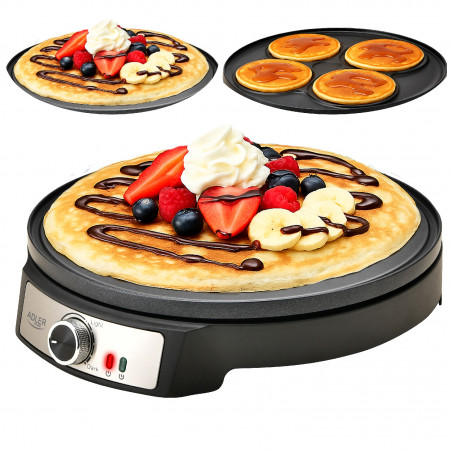 Уред за палачинки Adler AD 3093, 1600W, 30 см, Включени прибори, Черен/Инокс