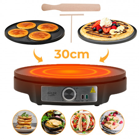 Уред за палачинки Adler AD 3093, 1600W, 30 см, Включени прибори, Черен/Инокс
