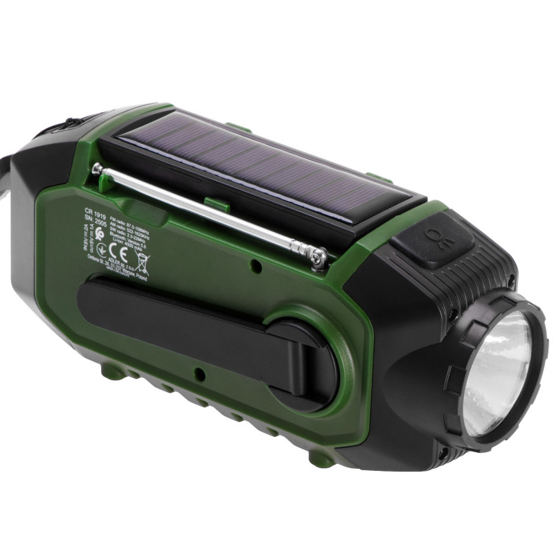 Аварийно радио Camry CR 1919, Соларен панел/Ръчно динамо/USB-C, 4000 mAh, Bluetooth, LED дисплей, Зелен/Черен