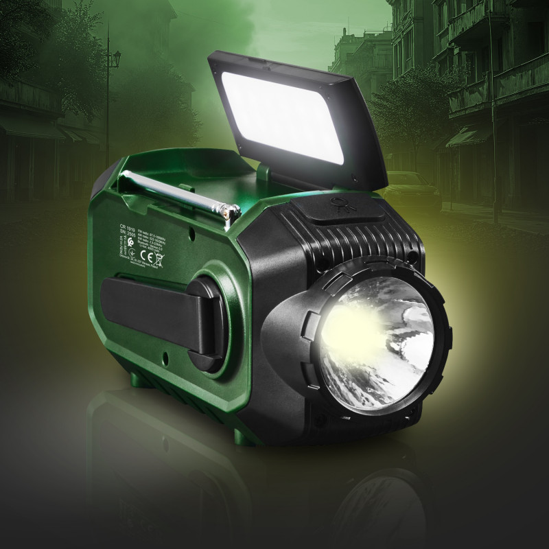 Аварийно радио Camry CR 1919, Соларен панел/Ръчно динамо/USB-C, 4000 mAh, Bluetooth, LED дисплей, Зелен/Черен