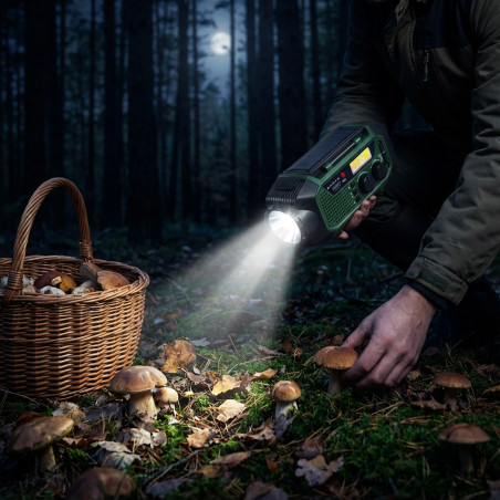 Аварийно радио Camry CR 1919, Соларен панел/Ръчно динамо/USB-C, 4000 mAh, Bluetooth, LED дисплей, Зелен/Черен