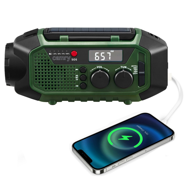 Аварийно радио Camry CR 1919, Соларен панел/Ръчно динамо/USB-C, 4000 mAh, Bluetooth, LED дисплей, Зелен/Черен