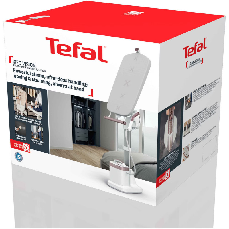 Уред за гладене с пара Tefal Ixeo Vision QT1811E0, 2170W, 3 степени на мощност, 1.2 л, 200г/мин, LED подсветка, Освежаване и хигиенизиране, Автоматично изключване, Бял