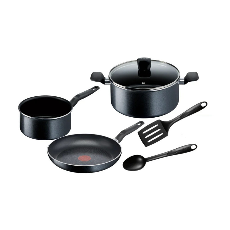 Комплект съдове за готвене Tefal C2678074 Starter Black, 6 ч, Титениево покритие, Без PFOA, Thermo-Fusion, Thermo-Signal, Индукция, Черен